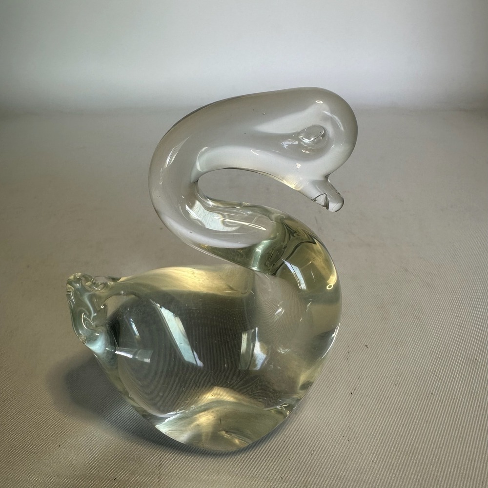 Vintage Clear Art Glass Swan Figurine Solid Clear Green Hand Blown Paperweight